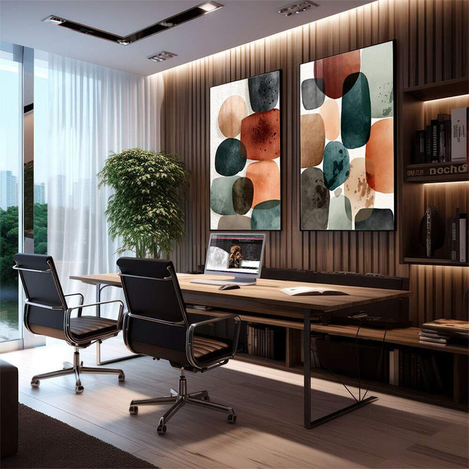Quadro Decorativo Abstrato Moderno | quadros decorativos premium | Duas telas com formas abstratas em laranja, azul e cinza em estilo aquarela. | em ambiente 4 | Porao dos Quadros