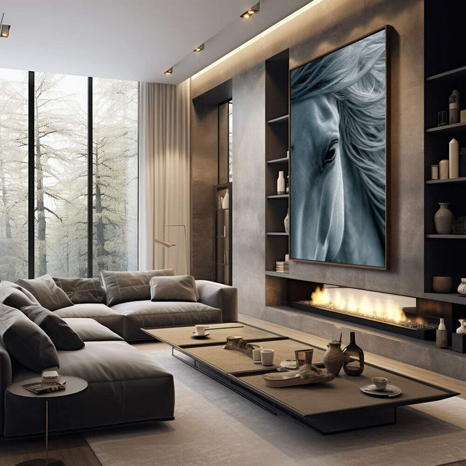Quadro Decorativo Cavalo Elegante | quadros decorativos premium | Cavalo cinza em close fotográfico com olhar penetrante e textura de pelagem detalhada | em ambiente 4 | Porao dos Quadros
