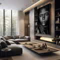 Quadro Decorativo Retrato Intenso | quadros decorativos premium | Mulher africana com padrões geométricos brancos no rosto em preto e branco, olhar intenso e direto | em ambiente 4 | Porao dos Quadros