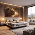 Quadro Decorativo Majestade do Leão | quadros decorativos premium | Leão majestoso em perfil com juba dourada banhada em luz quente e céu ao fundo | em ambiente 4 | Porao dos Quadros