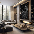 Quadro Decorativo Onda de Esperança Espiritual | quadros decorativos premium | Jesus e figura em técnica pontilhista com halo radiante contra fundo preto | em ambiente 4 | Porao dos Quadros