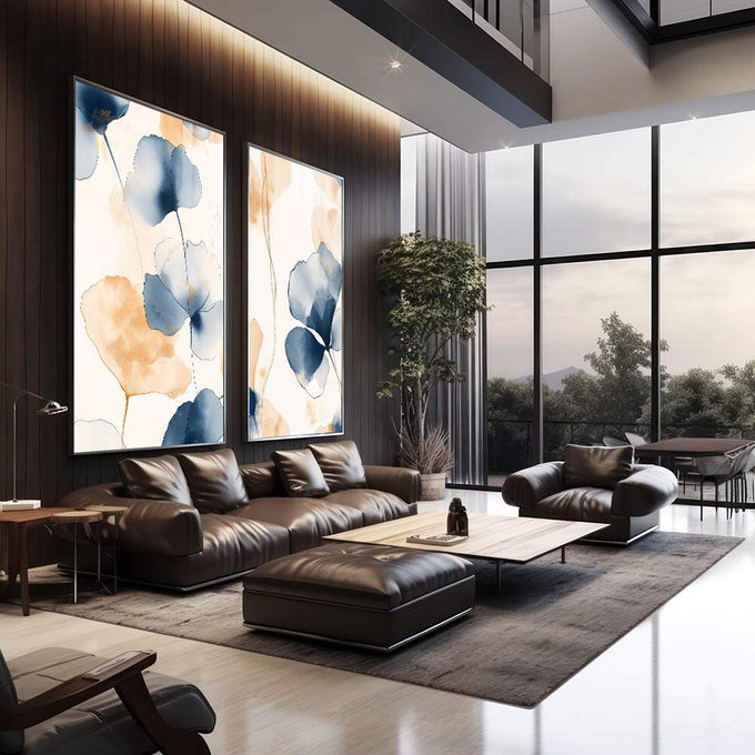 Quadro Decorativo Elegância Floral Dupla de Flores Abstratas | quadros decorativos premium | Flores em aquarela azul e bege em composição delicada e refinada | em ambiente 4 | Porao dos Quadros