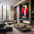 Quadro Majestade Geométrica Moderna | quadros decorativos premium | Nefertiti em tons azuis e pretos com círculo vermelho-alaranjado sobre fundo verde-escuro em composição geométrica contemporânea | em ambiente 4 | Porao dos Quadros