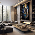 Quadro Decorativo Leão Majestoso Luxo | quadros decorativos premium | Leão majestoso de perfil com coroa dourada em tons pretos, azuis e dourados. | em ambiente 4 | Porao dos Quadros