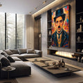 Quadro Decorativo Retrato Estilizado | quadros decorativos premium | Homem com cartola e bigode em expressionismo vibrante com fundo colorido em azul e laranja | em ambiente 4 | Porao dos Quadros