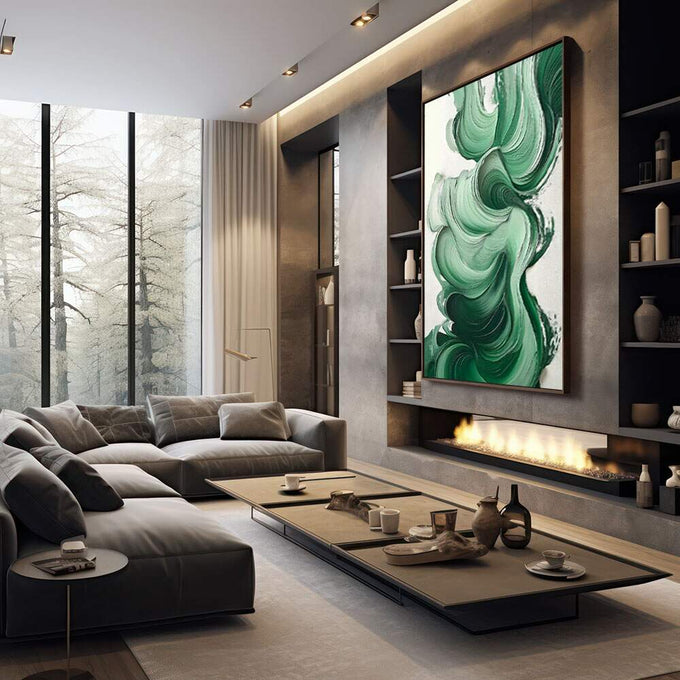 Quadro Decorativo Pincelada Serenidade Verde | quadros decorativos premium | Obra abstrata com ondas fluidas em verde vibrante sobre fundo claro e texturizado. | em ambiente 4 | Porao dos Quadros