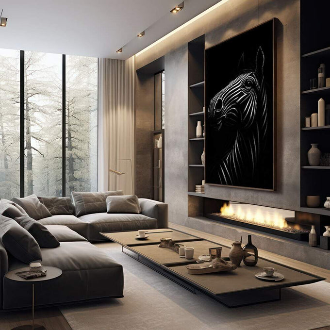 Quadro Decorativo Cavalo Moderno em Preto e Branco | quadros decorativos premium | Cavalo em lineart branco dinâmico com detalhes musculares em fundo preto sólido. | em ambiente 4 | Porao dos Quadros