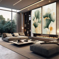 Quadro Decorativo Harmonia Natural Moderno com Folhas Verdes | quadros decorativos premium | Duas telas com flores ginkgo em aquarela verde, bege e respingos dourados em composição delicada | em ambiente 4 | Porao dos Quadros