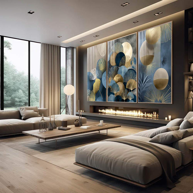 Quadro Decorativo Tríptico Elegante em Azul | quadros decorativos premium | Três telas com folhas douradas, esferas bege e tons azuis em composição sofisticada. | em ambiente 4 | Porao dos Quadros