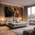 Quadro Decorativo Majestoso: Leão e Jesus Cristo | quadros decorativos premium | Homem e leão em sobreposição com coroa de espinhos, iluminados em tons dourados e marrom quente. | em ambiente 4 | Porao dos Quadros