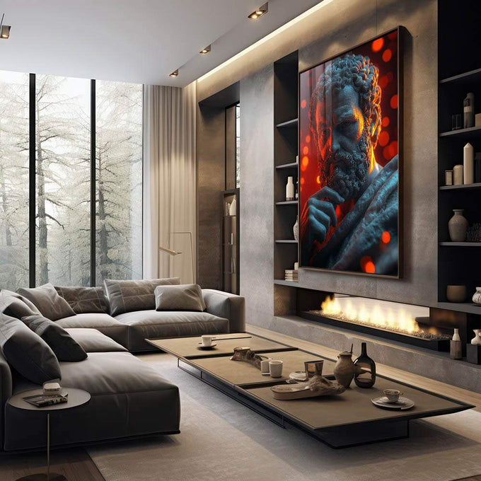 Quadro Decorativo Beleza Grega e Alta Sabedoria | quadros decorativos premium | Retrato artístico com iluminação vermelha quente e azul frio em composição dramática | em ambiente 4 | Porao dos Quadros
