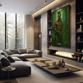 Quadro Decorativo Orixá Oxóssi: Caçador da Vida | quadros decorativos premium | Guerreiro indígena com arco retesado em floresta verde profunda, composição realista majestosa | em ambiente 4 | Porao dos Quadros