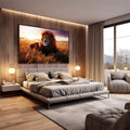 Quadro Decorativo Majestade da Savana | quadros decorativos premium | Leão majestoso em savana dourada ao entardecer com céu roxo, juba avermelhada, fotorrealismo. | em ambiente 4 | Porao dos Quadros