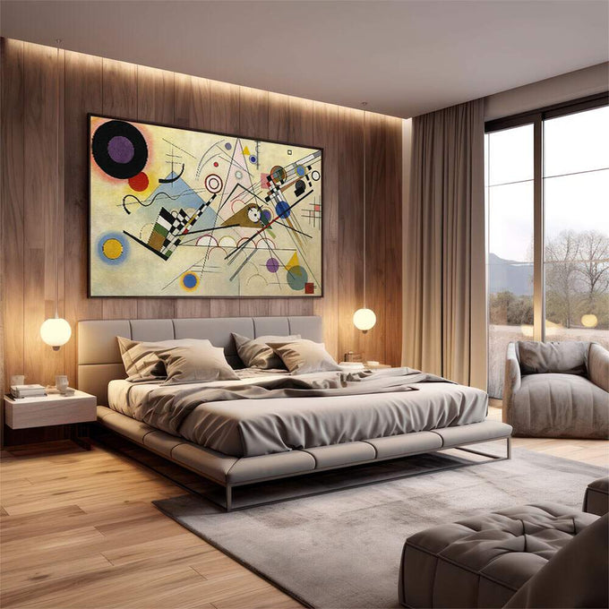 Quadro Decorativo Minimalista Enérgico | quadros decorativos premium | Composição abstrata geométrica com círculos, linhas e formas em azul, vermelho, amarelo e preto sobre fundo bege. | em ambiente 4 | Porao dos Quadros