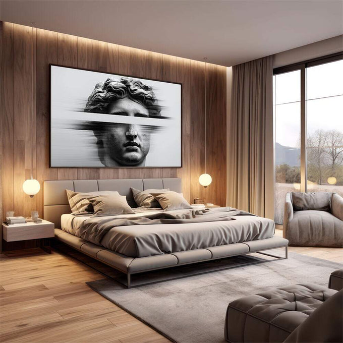 Quadro Decorativo Esculpido em Movimento | quadros decorativos premium | Busto clássico em preto e branco com efeito de movimento dinâmico | em ambiente 4 | Porao dos Quadros