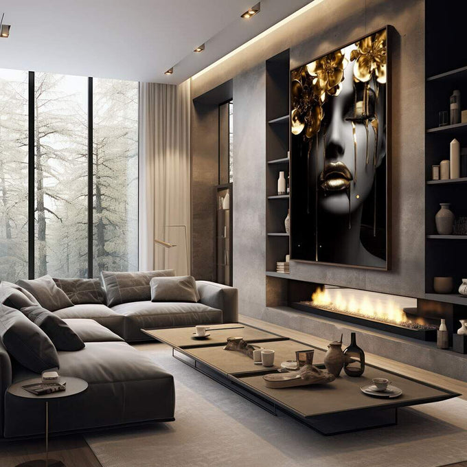Quadro Decorativo - Rosto de Ouro | quadros decorativos premium | Rosto feminino em preto e branco com flores douradas e pétalas em composição luxuosa. | em ambiente 4 | Porao dos Quadros