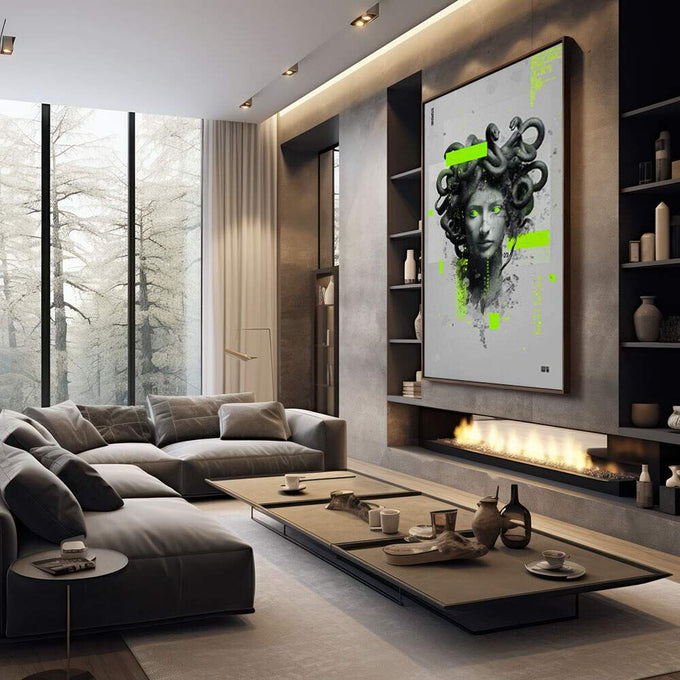 Quadro Decorativo Medusa Moderna | quadros decorativos premium | Medusa clássica em preto e cinza com serpentes e detalhes em verde neon fluorescente | em ambiente 4 | Porao dos Quadros