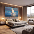 Quadro Decorativo Cavalo Branco em Liberdade | quadros decorativos premium | Cavalo branco majestoso galopando nas águas com respingos de espuma sob luz azul. | em ambiente 4 | Porao dos Quadros