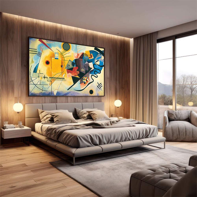 Quadro Decorativo Minimalista Vibrante | quadros decorativos premium | Composição abstrata geométrica em amarelo, azul e preto com formas dinâmicas | em ambiente 4 | Porao dos Quadros
