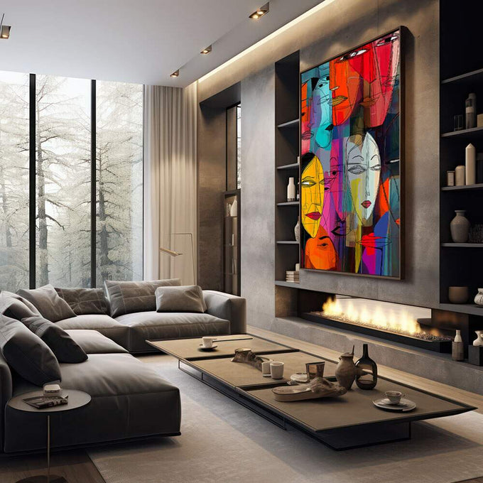 Quadro Decorativo Rostos em Cores | quadros decorativos premium | Múltiplos rostos abstratos em cores vibrantes, vermelho, laranja, azul e magenta em sobreposição | em ambiente 4 | Porao dos Quadros