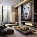 Quadro Decorativo Leão Glacial Imponente | quadros decorativos premium | Leão branco com olhos verdes e azuis em composição realista preto e branco | em ambiente 4 | Porao dos Quadros
