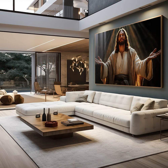Quadro Decorativo 'Acolhimento Divino' - Arte que Transmite Paz e Esperança | quadros decorativos premium | Figura divina em vestes brancas com iluminação dourada dramaticamente capturada | em ambiente 4 | Porao dos Quadros