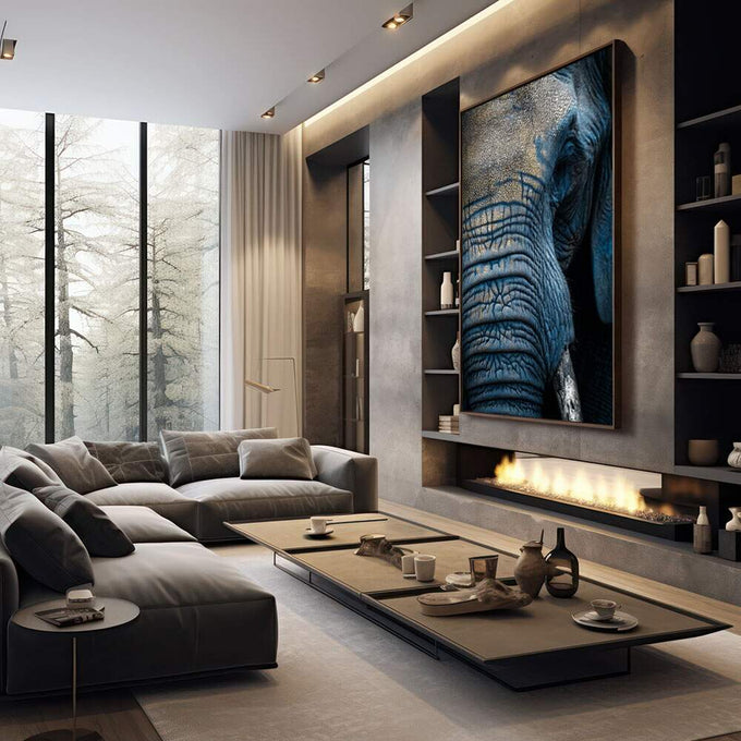 Quadro Decorativo Elefante Sereno Azul | quadros decorativos premium | Elefante majestoso em tons de azul com luz natural atravessando a textura da pele. | em ambiente 4 | Porao dos Quadros
