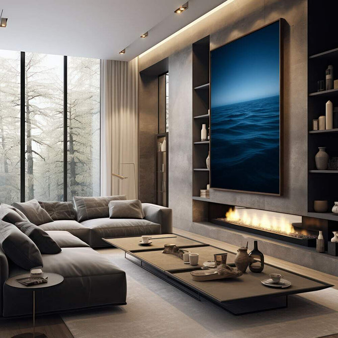 Quadro Decorativo Mar Sereno | quadros decorativos premium | Horizonte de mar azul profundo com céu claro e moldura dourada elegante. | em ambiente 4 | Porao dos Quadros