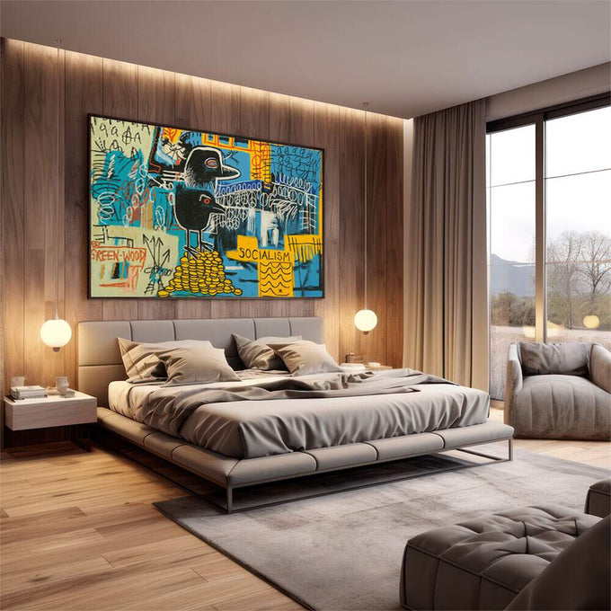 Quadro Decorativo Socialismo e Riqueza | quadros decorativos premium | Personagem preto com moedas douradas sobre fundo azul com padrões e símbolos geométricos. | em ambiente 4 | Porao dos Quadros