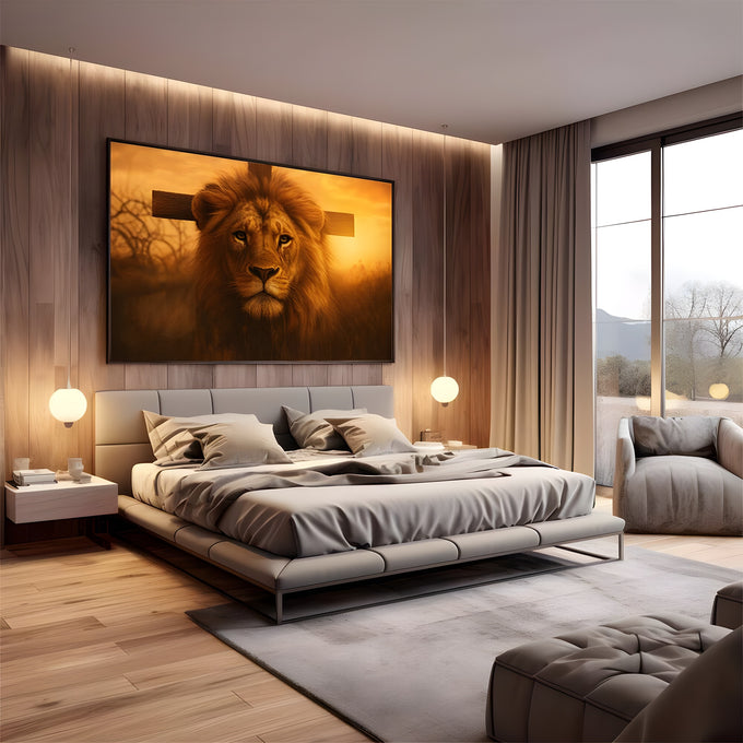 Leão de juba dourada de frente diante de cruz de madeira em savana ao pôr do sol, quadro decorativo