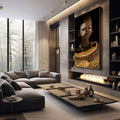 Quadro Decorativo Elegância Cultural | quadros decorativos premium | Retrato africano com máscara dourada geométrica e adornos tradicionais em ouro | em ambiente 4 | Porao dos Quadros