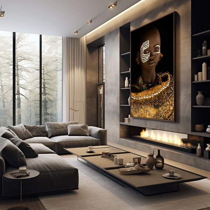 Quadro Decorativo Elegância Cultural | quadros decorativos premium | Retrato africano com máscara dourada geométrica e adornos tradicionais em ouro | em ambiente 4 | Porao dos Quadros