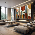 Quadro Decorativo Abstrato Tripartido Vibrante | quadros decorativos premium | Tríade de quadros com círculos sobrepostos, blocos geométricos em bege, laranja e verde, plantas minimalistas. | em ambiente 4 | Porao dos Quadros