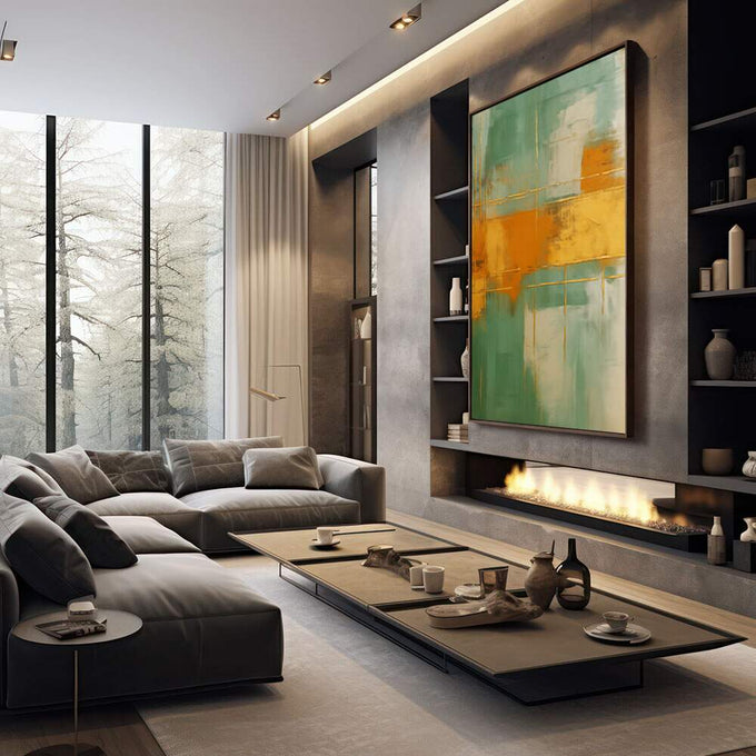 Quadro Decorativo Abstrato Verde e Laranja | quadros decorativos premium | Pintura abstrata em verde-água e laranja dourado com linhas geométricas e composição equilibrada | em ambiente 4 | Porao dos Quadros