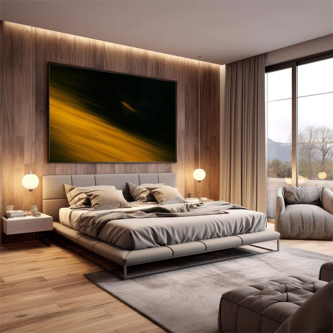 Quadro Decorativo Arte Dourada Moderna | quadros decorativos premium | Raios de luz dourada atravessando escuridão profunda com composição arquitetônica vertical | em ambiente 4 | Porao dos Quadros