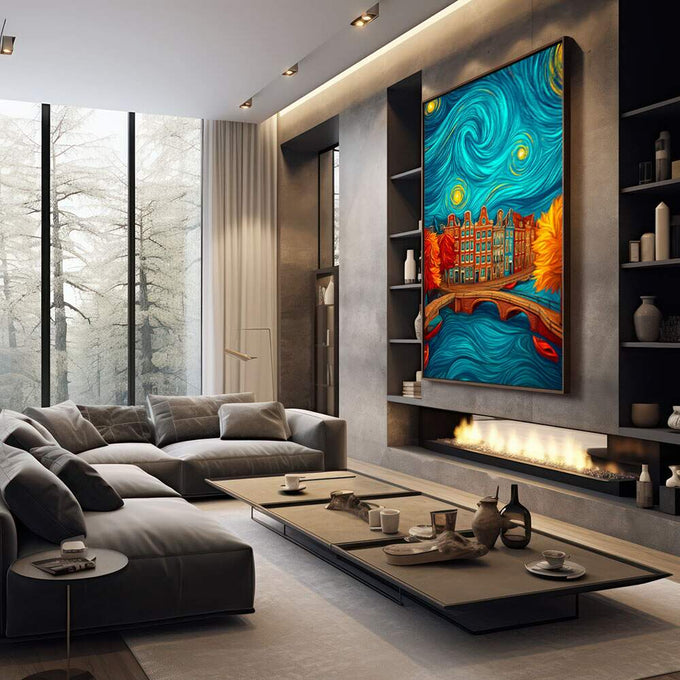 Quadro Decorativo Cidade Sob o Céu Noturno | quadros decorativos premium | Céu azul com espirais douradas sobre prédios de Amsterdã com iluminação quente e vibrante | em ambiente 4 | Porao dos Quadros