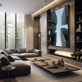 Quadro Decorativo Visões de Arranha-Céus | quadros decorativos premium | Perspectiva de edifícios urbanos em vidro e concreto convergindo para céu azul claro | em ambiente 4 | Porao dos Quadros