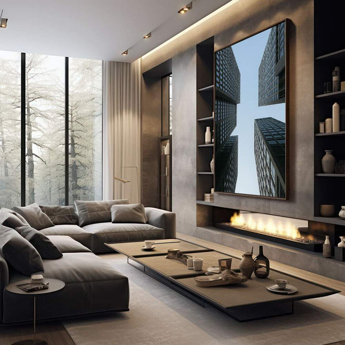 Quadro Decorativo Visões de Arranha-Céus | quadros decorativos premium | Perspectiva de edifícios urbanos em vidro e concreto convergindo para céu azul claro | em ambiente 4 | Porao dos Quadros