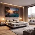 Quadro Decorativo Pôr do Sol Tropical | quadros decorativos premium | Pôr do sol tropical com cabanas flutuantes, palmas e reflexo dourado na água azul turquesa | em ambiente 4 | Porao dos Quadros