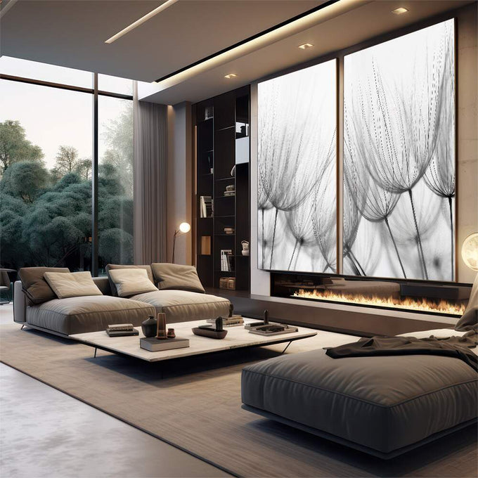 Quadro Decorativo Sinfonia da Natureza: Inspire-se! | quadros decorativos premium | Dente-de-leão em preto e branco com filamentos delicados em composição panorâmica | em ambiente 4 | Porao dos Quadros