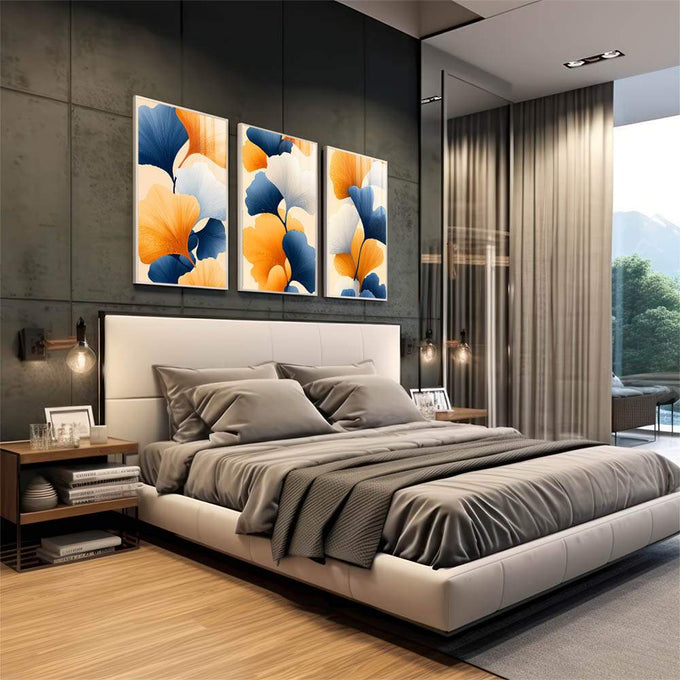 Quadro Decorativo de Flores Abstratas  Elegância em Cores Vibrantes | quadros decorativos premium | Flores gingko em azul, laranja e branco com textura radiográfica em três telas | em ambiente 4 | Porao dos Quadros