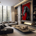 Quadro Decorativo Cavalo Negro em Vermelho | quadros decorativos premium | Cavalo preto e cinza em perfil com fundo vermelho vibrante, composição vertical realista. | em ambiente 4 | Porao dos Quadros