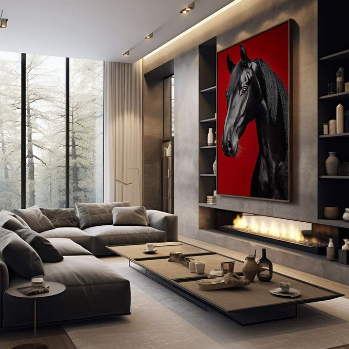 Quadro Decorativo Cavalo Negro em Vermelho | quadros decorativos premium | Cavalo preto e cinza em perfil com fundo vermelho vibrante, composição vertical realista. | em ambiente 4 | Porao dos Quadros