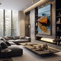 Quadro Decorativo Harmonia de Cores Náuticas | quadros decorativos premium | Três barcos coloridos flutuando em água cristalina com reflexo perfeito e céu azul ao fundo. | em ambiente 4 | Porao dos Quadros