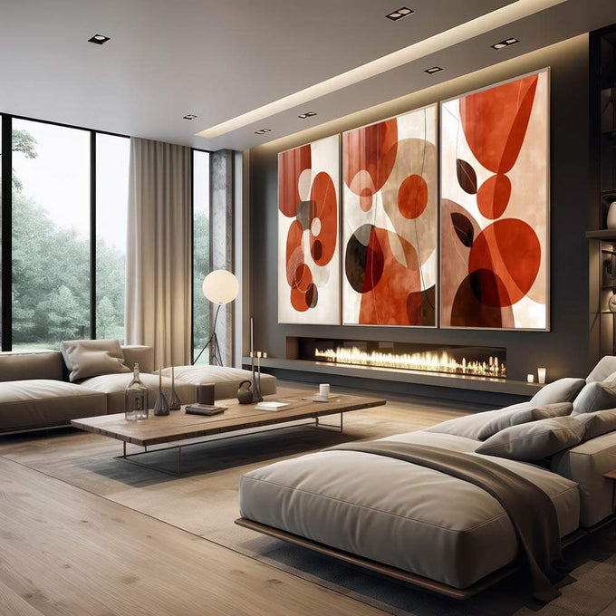 Quadro Decorativo Harmonia Quente | quadros decorativos premium | Composição abstrata com círculos vermelhos, marrons e bege em sobreposição geométrica. | em ambiente 4 | Porao dos Quadros