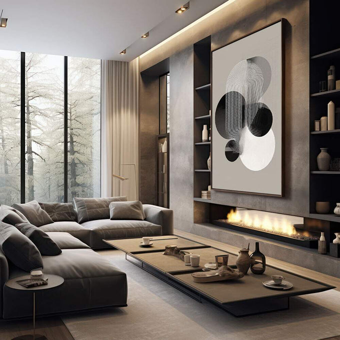 Quadro Decorativo Moderno Geométrico | quadros decorativos premium | Composição abstrata com linhas circulares concêntricas em preto, branco e bege em movimento vertical. | em ambiente 4 | Porao dos Quadros