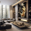 Quadro Decorativo Peixes Elegantes em Dança | quadros decorativos premium | Dois peixes koi em dourado e preto com movimento fluido e respingos de água em composição dinâmica | em ambiente 4 | Porao dos Quadros