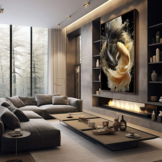 Quadro Decorativo Peixes Elegantes em Dança | quadros decorativos premium | Dois peixes koi em dourado e preto com movimento fluido e respingos de água em composição dinâmica | em ambiente 4 | Porao dos Quadros