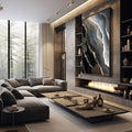 Quadro Decorativo Serenidade Dourada | quadros decorativos premium | Composição aérea de litoral em preto, cinza e ouro, com camadas geológicas e linhas douradas. | em ambiente 4 | Porao dos Quadros