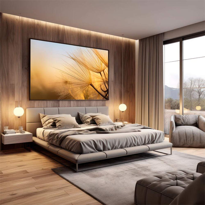 Quadro Decorativo Flores Serenas | quadros decorativos premium | Dente-de-leão dourado com luz natural ao entardecer, sementes em detalhe preciso | em ambiente 4 | Porao dos Quadros